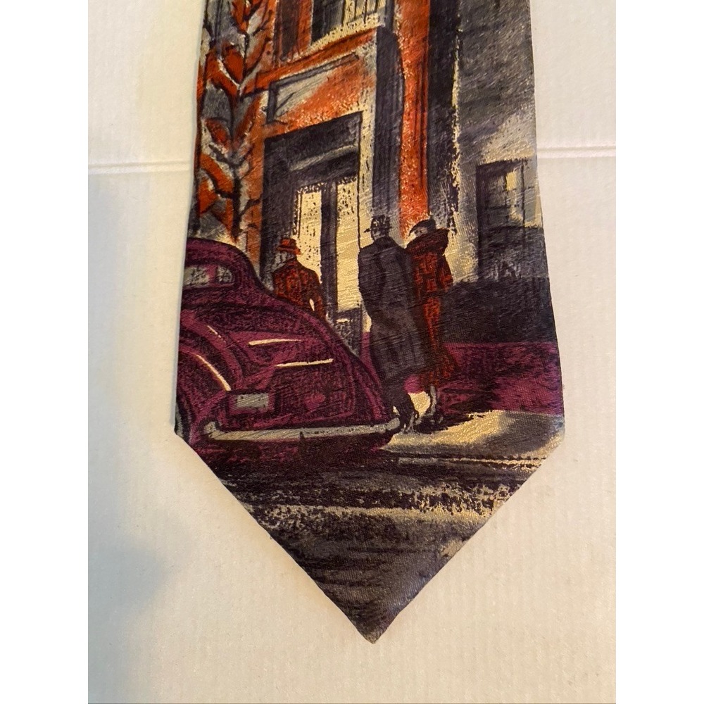 Bugatti Mens Silk Tie Italian Impressionist Street Scene Vintage Car Burgundy 4"